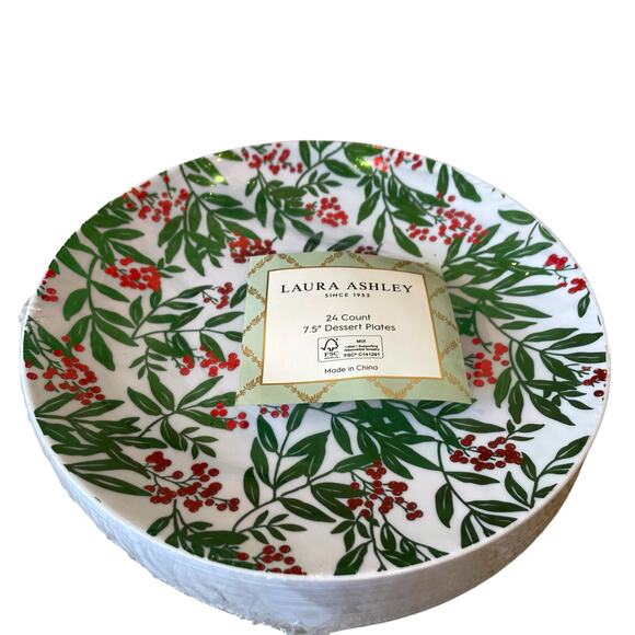 Laura Ashley Holiday Holly Berry Disposable Dessert Plates 7.5" 24 Count New - Picture 2 of 8